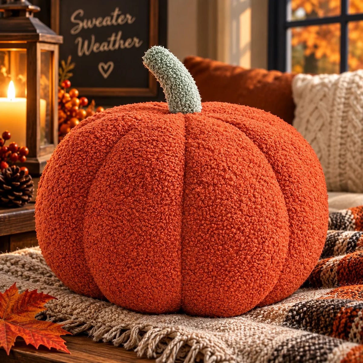 Cushion Pumpkin Shaped Ribbed Knit Plush Filled