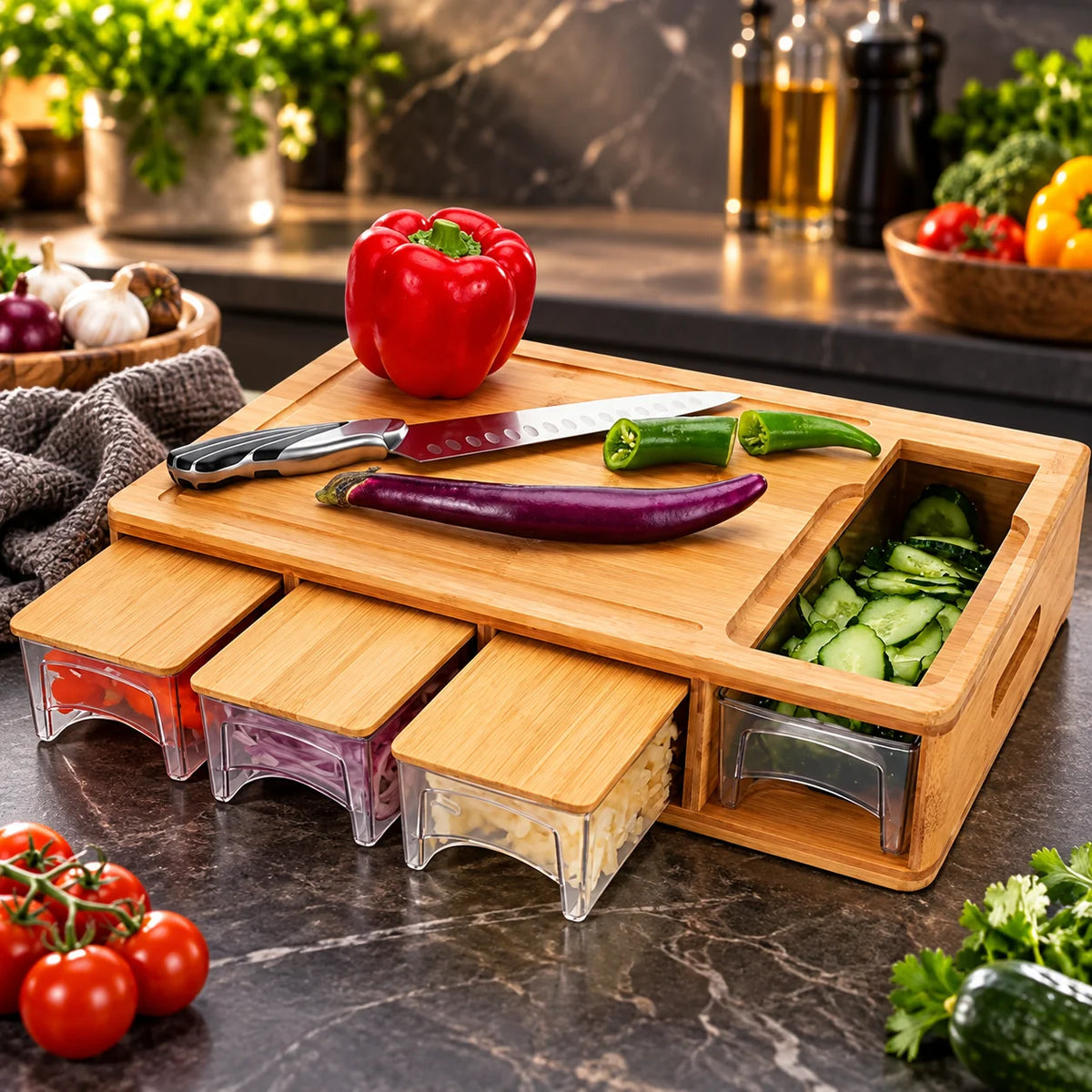 Cutting Board Bamboo With 4 Integrated Trays & Blades