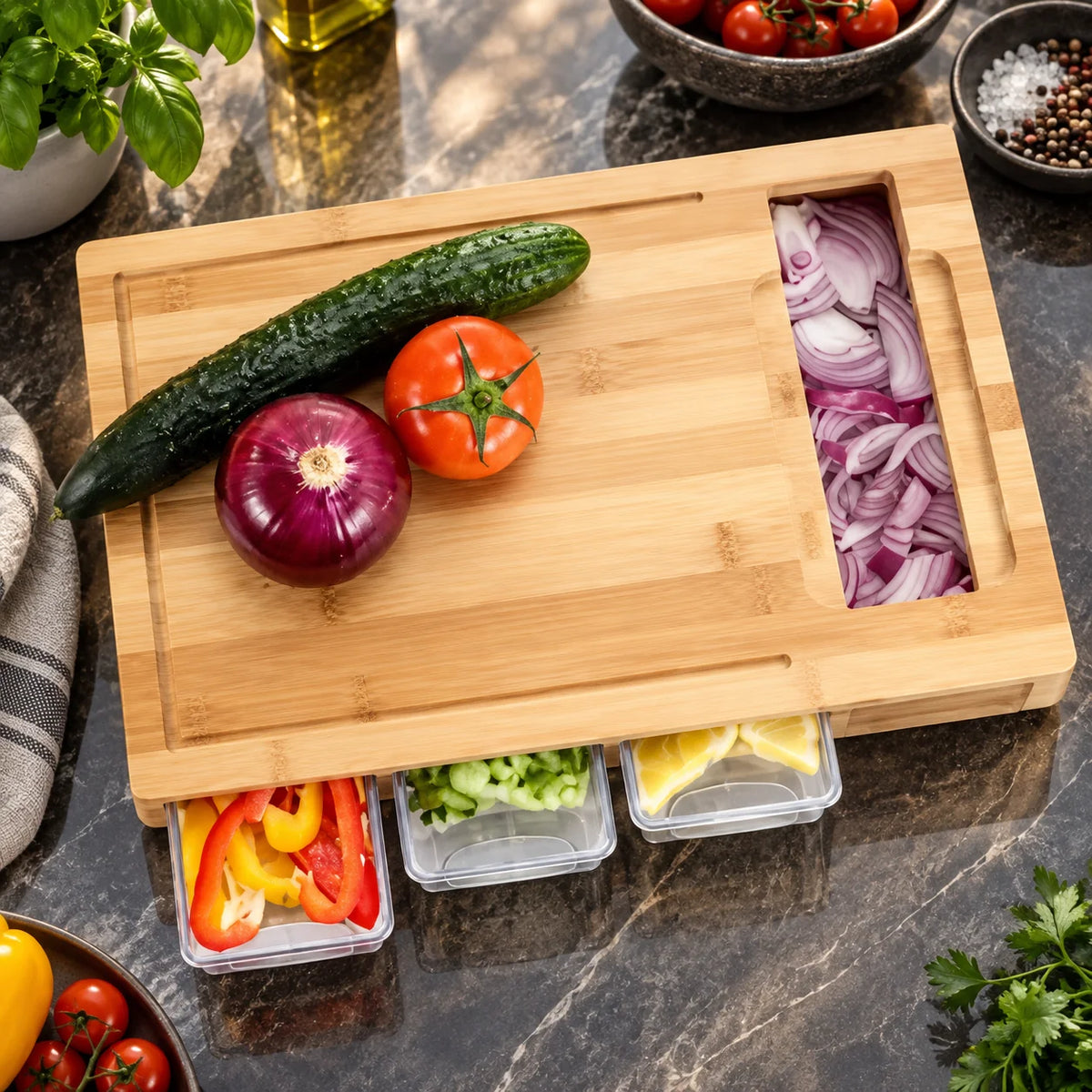 Cutting Board Bamboo With 4 Integrated Trays & Blades