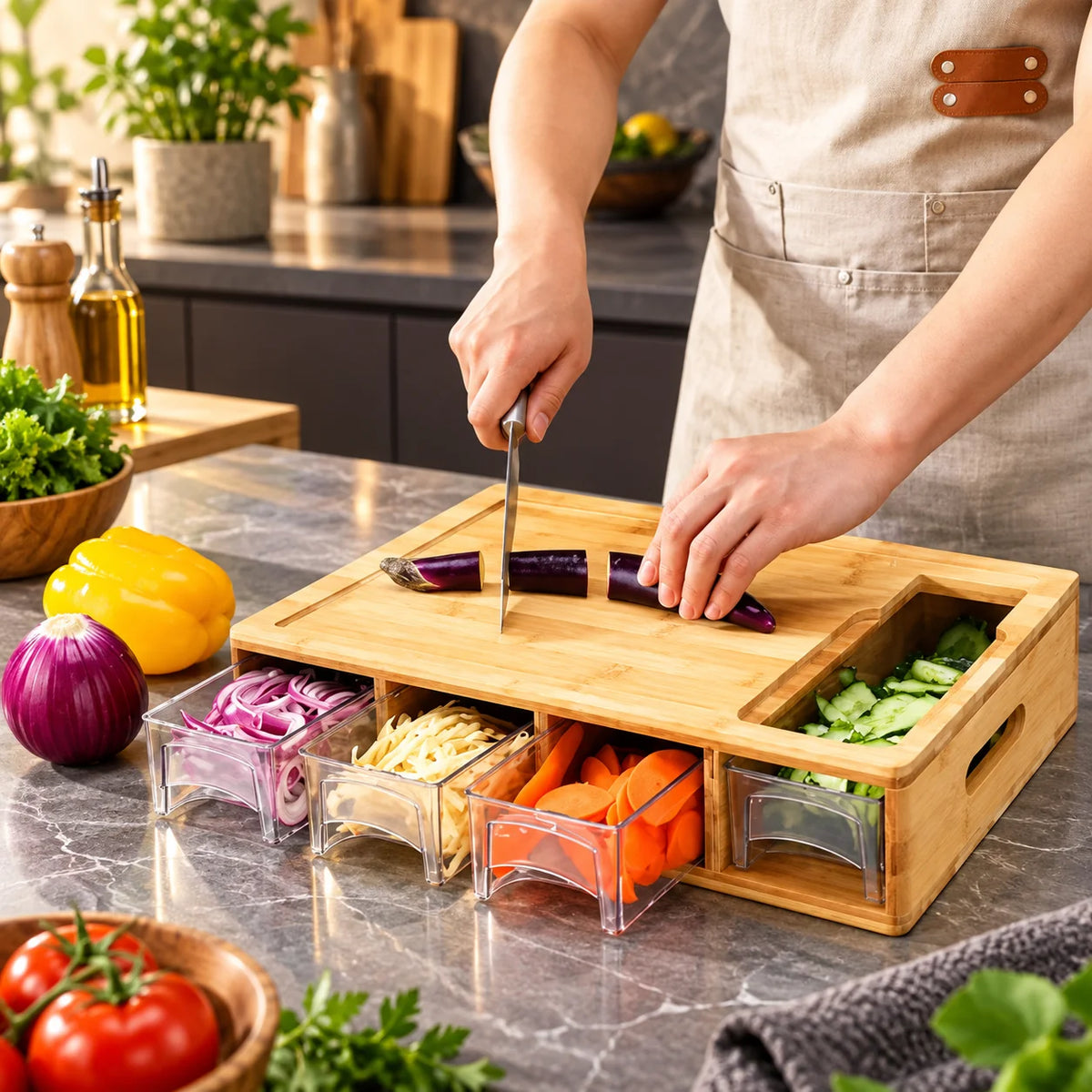 Cutting Board Bamboo With 4 Integrated Trays & Blades