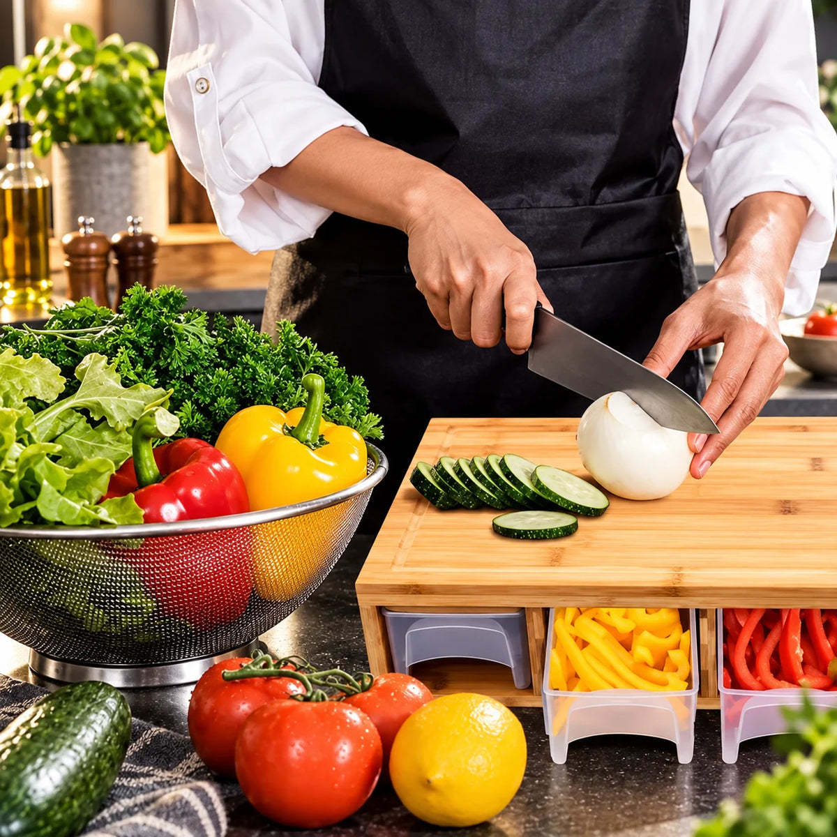 Cutting Board Bamboo With 4 Integrated Trays & Blades