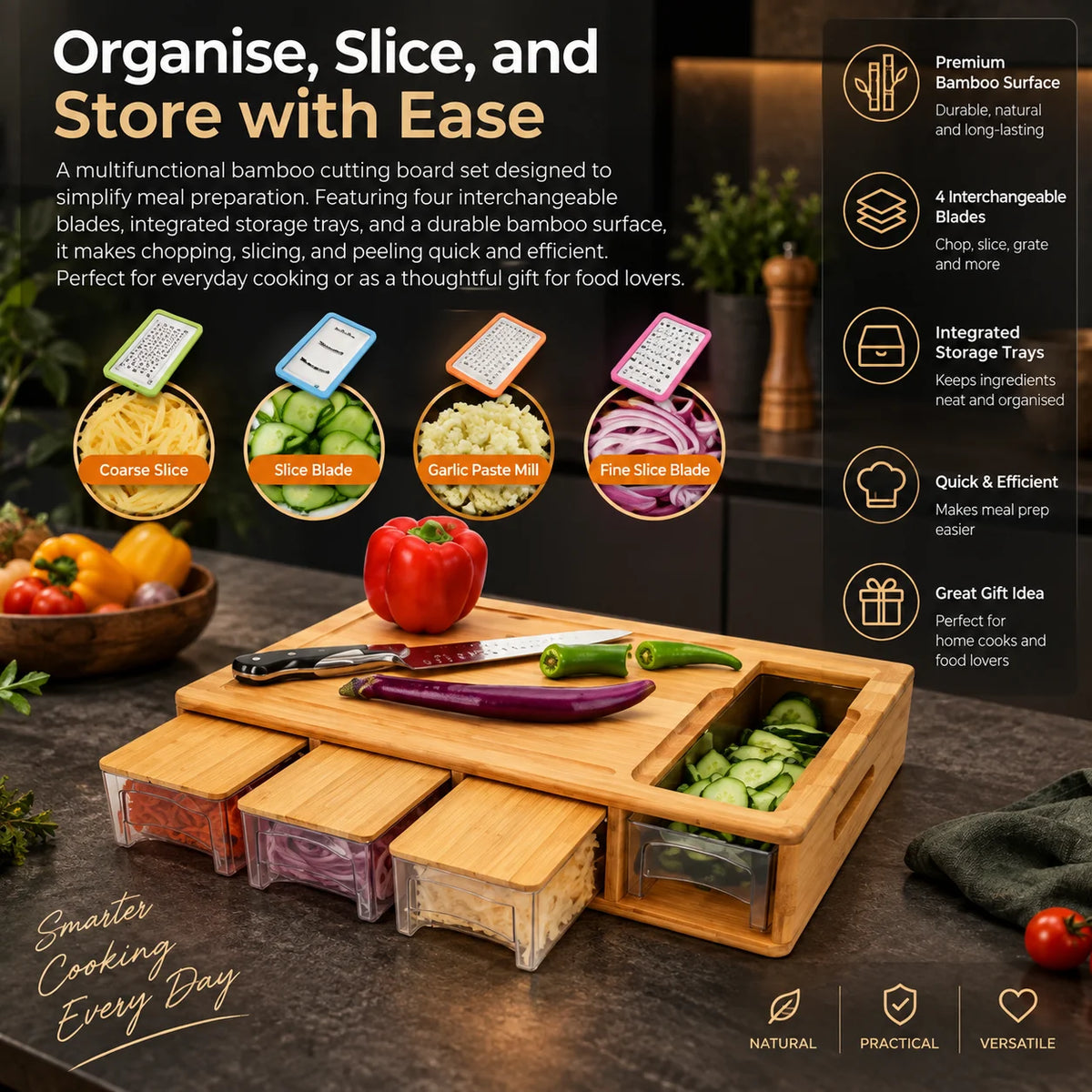 Cutting Board Bamboo With 4 Integrated Trays & Blades