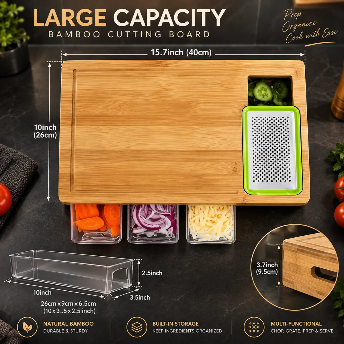 Cutting Board Bamboo With 4 Integrated Trays & Blades