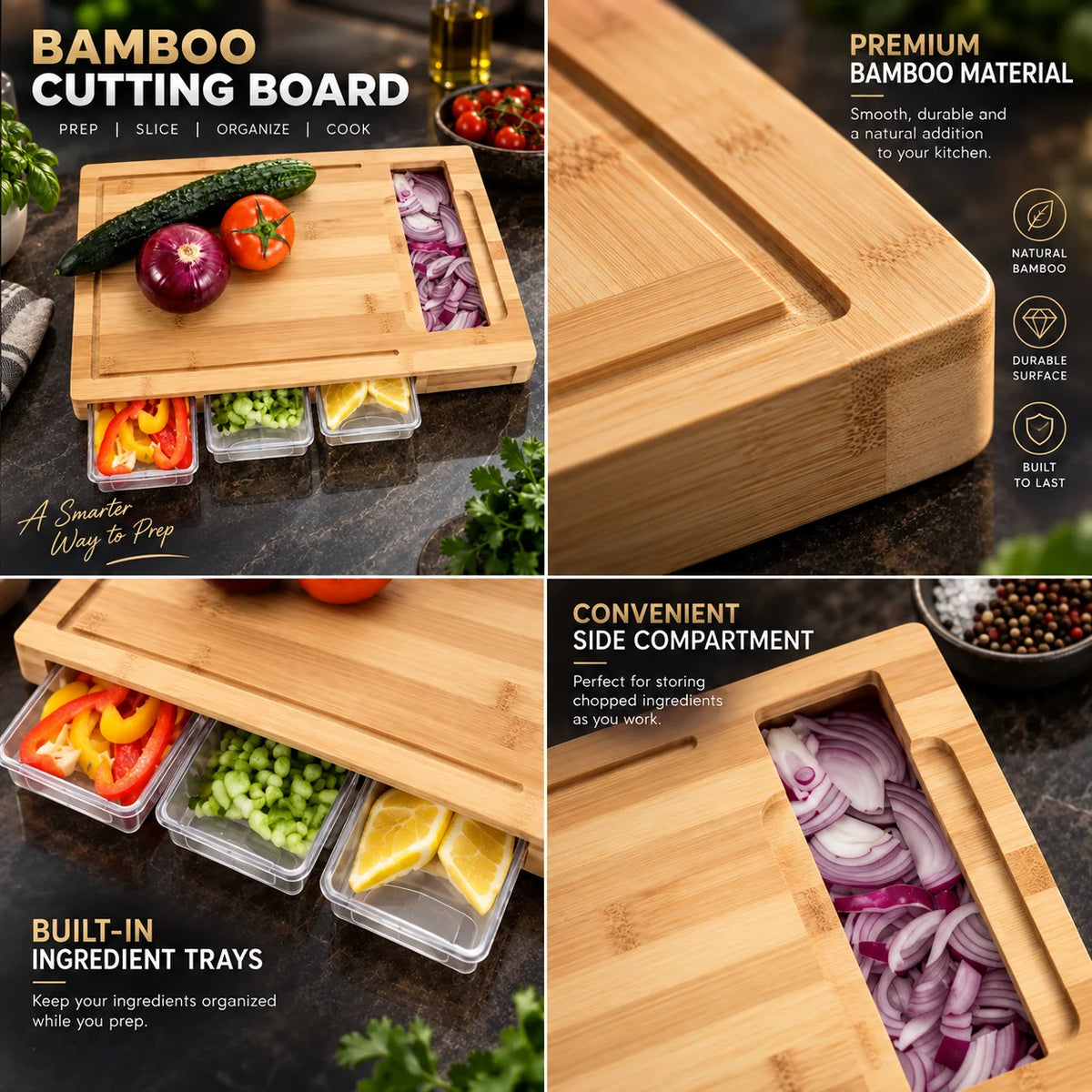 Cutting Board Bamboo With 4 Integrated Trays & Blades