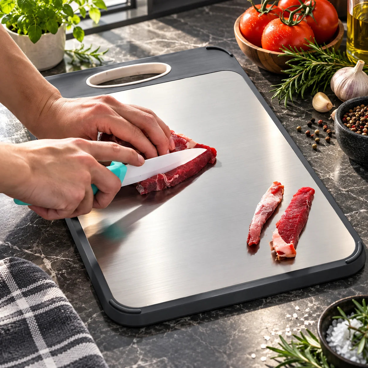 Cutting Board Dual-Sided Stainless Steel & Wheat Straw