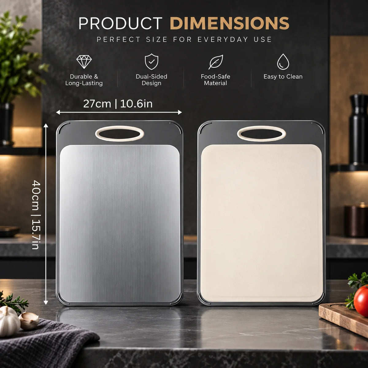 Cutting Board Dual-Sided Stainless Steel & Wheat Straw