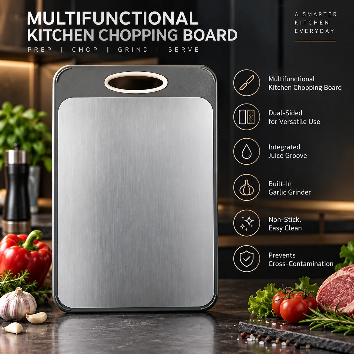 Cutting Board Dual-Sided Stainless Steel & Wheat Straw