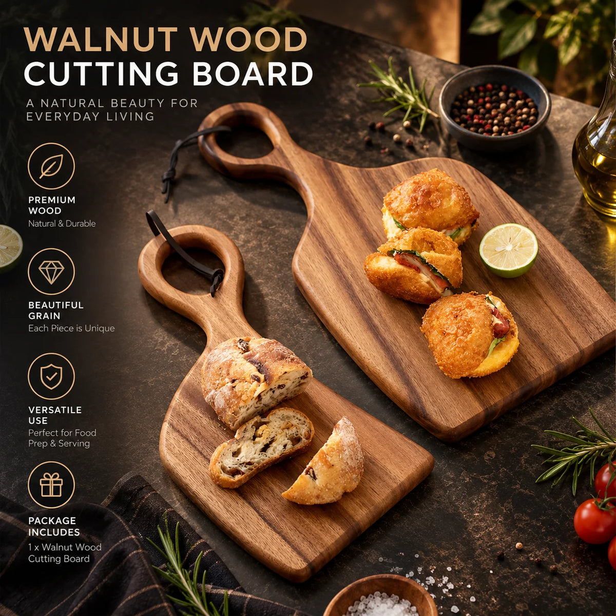 Cutting & Serving Board Set Walnut Double-Sided 2-Piece