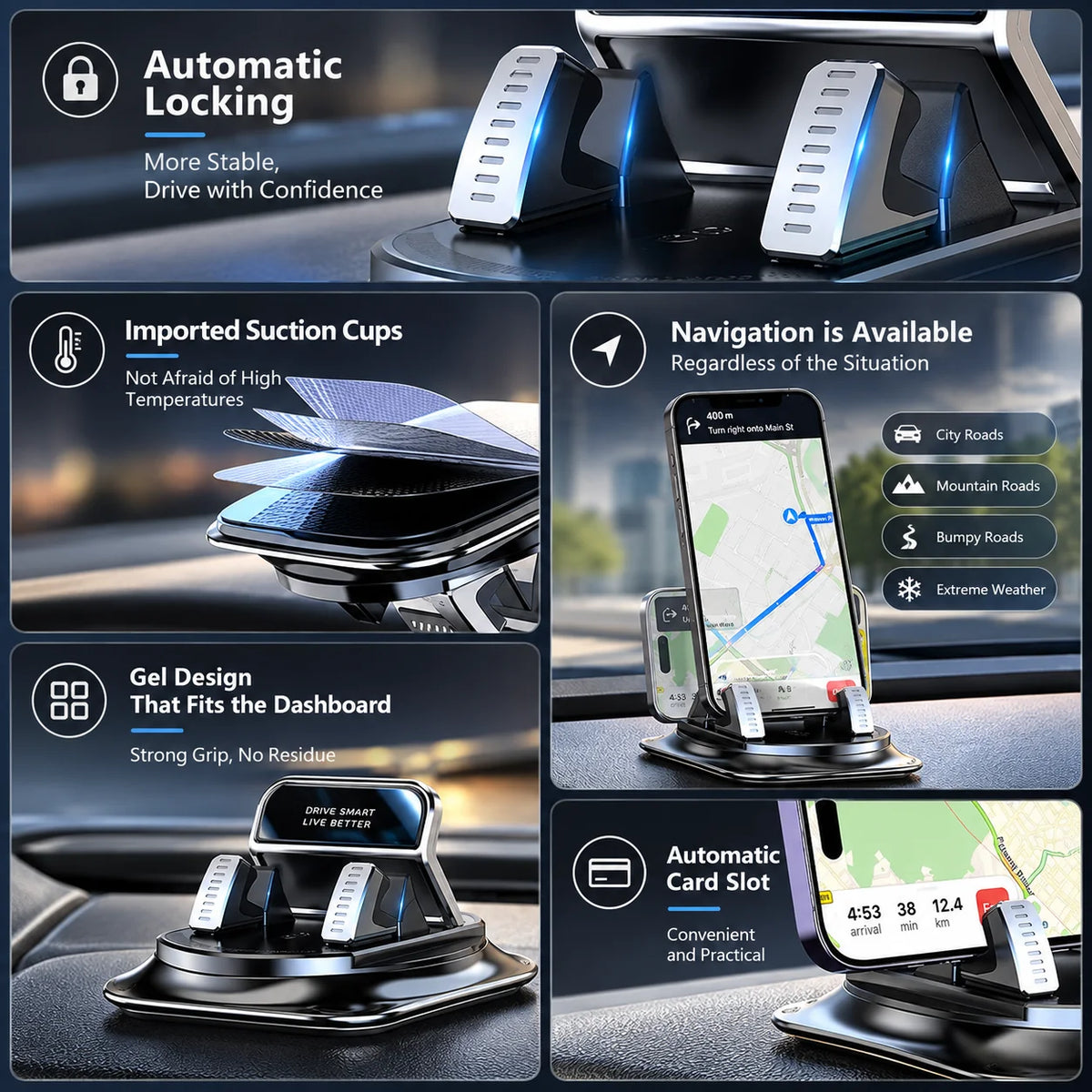 Dashboard Phone Mount 360-Degree Rotation & Anti-Slip Silicone Grip