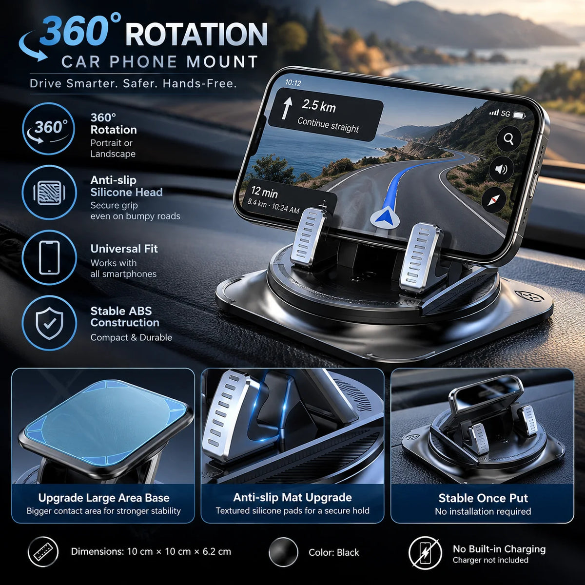 Dashboard Phone Mount 360-Degree Rotation & Anti-Slip Silicone Grip