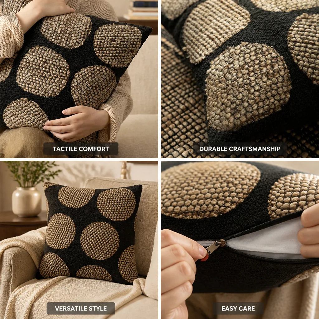 Decorative Cushion Cover Bouclé Texture & Raised Round Appliqués