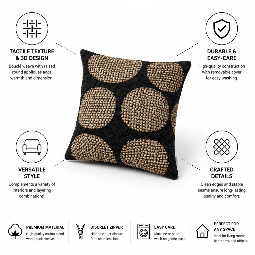 Decorative Cushion Cover Bouclé Texture & Raised Round Appliqués