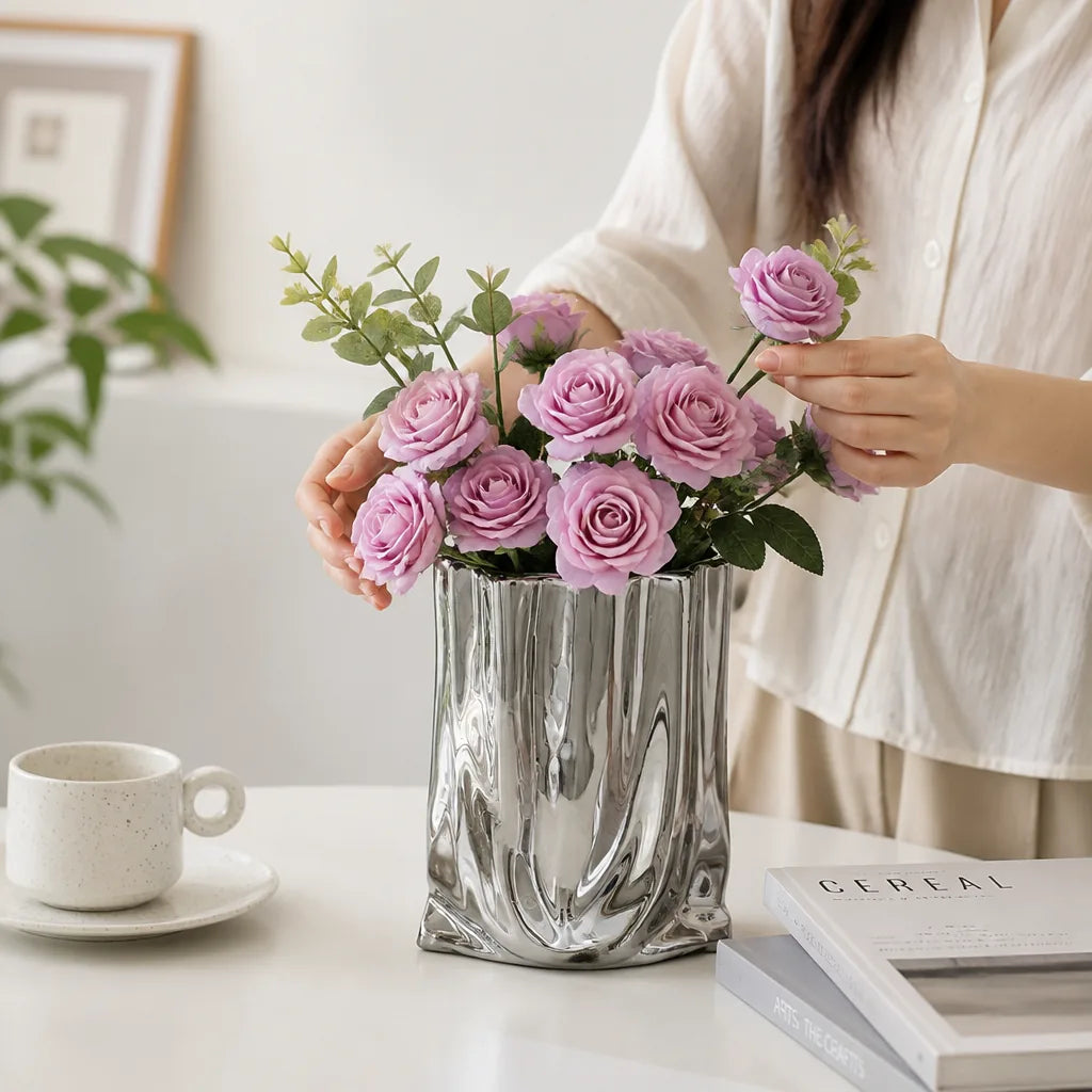 Decorative Vase Metallic Ceramic Polished Textured Finish