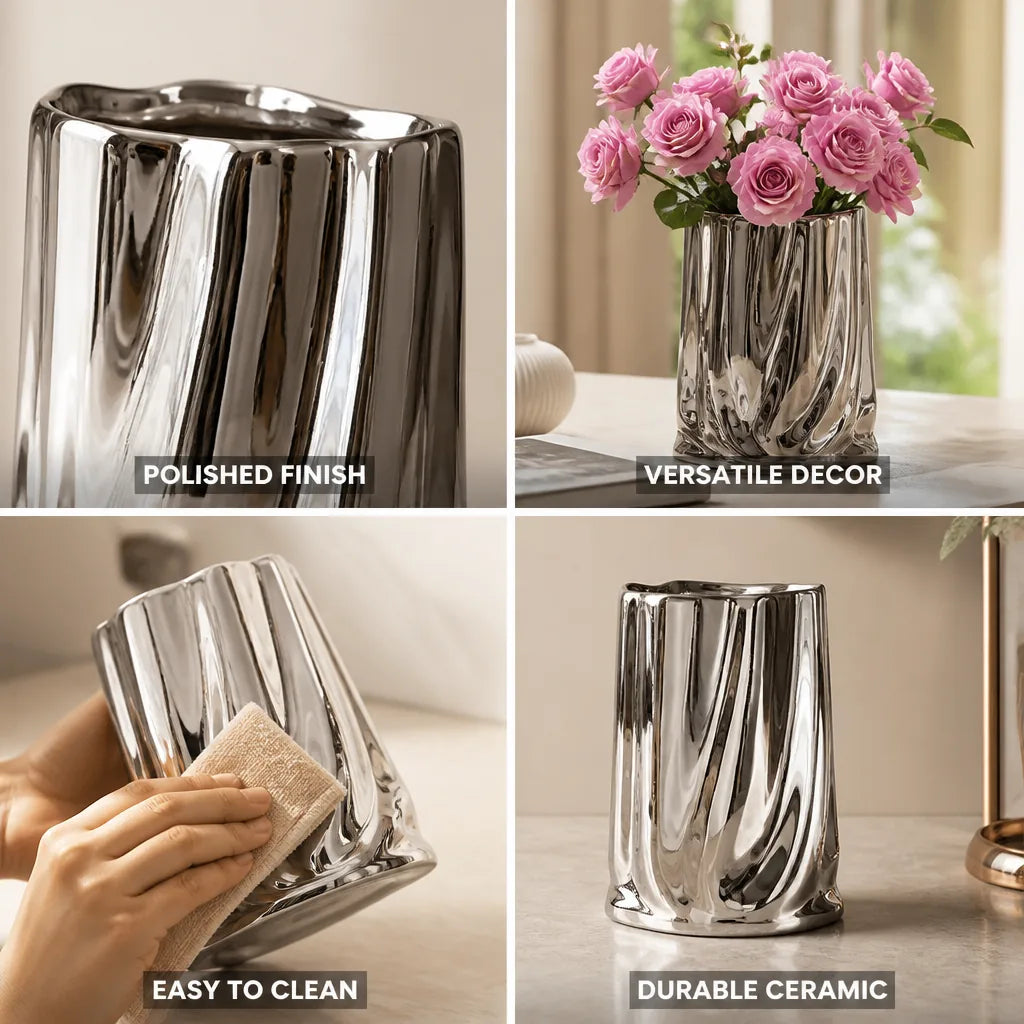 Decorative Vase Metallic Ceramic Polished Textured Finish