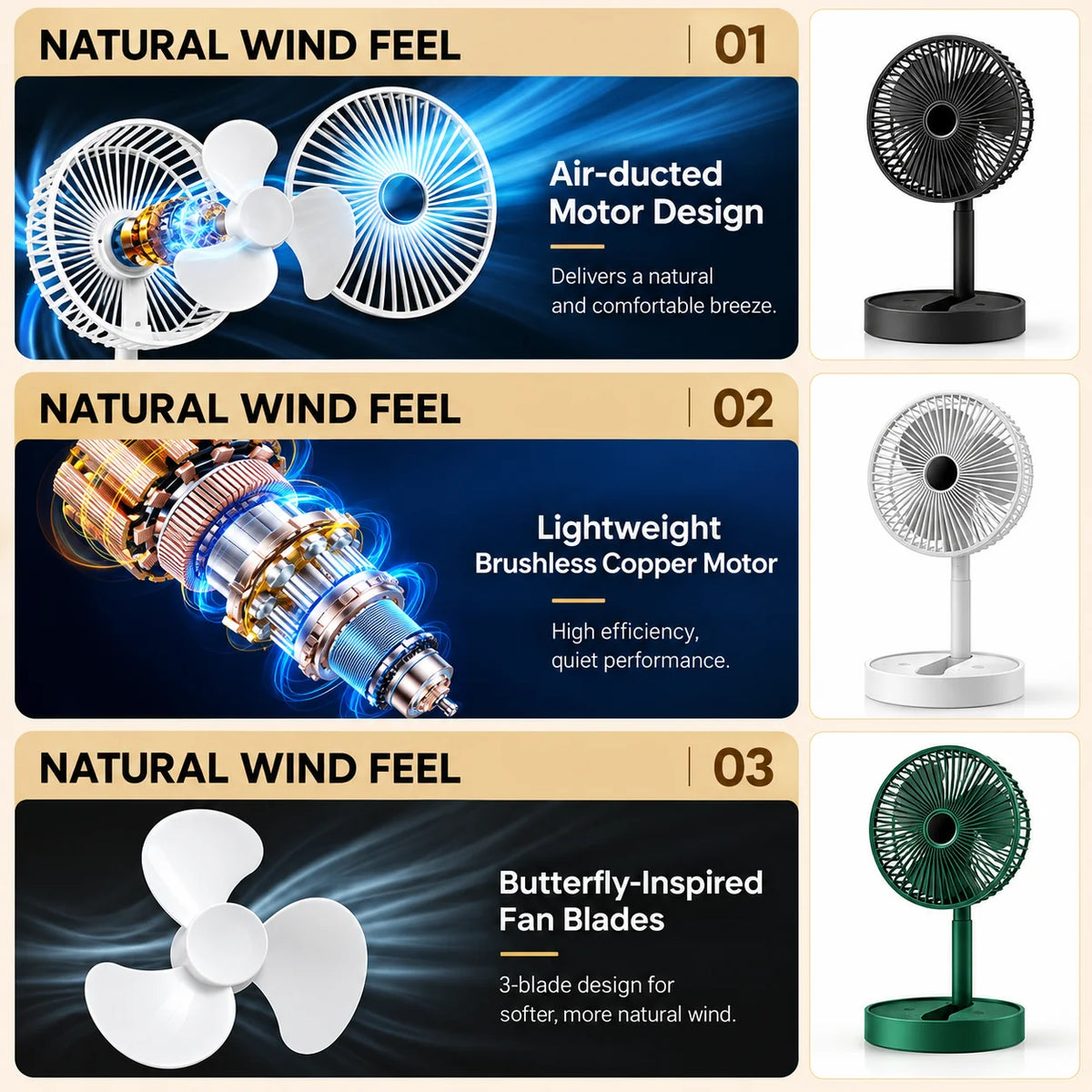 Desk Fan Foldable Telescopic USB Rechargeable Quiet