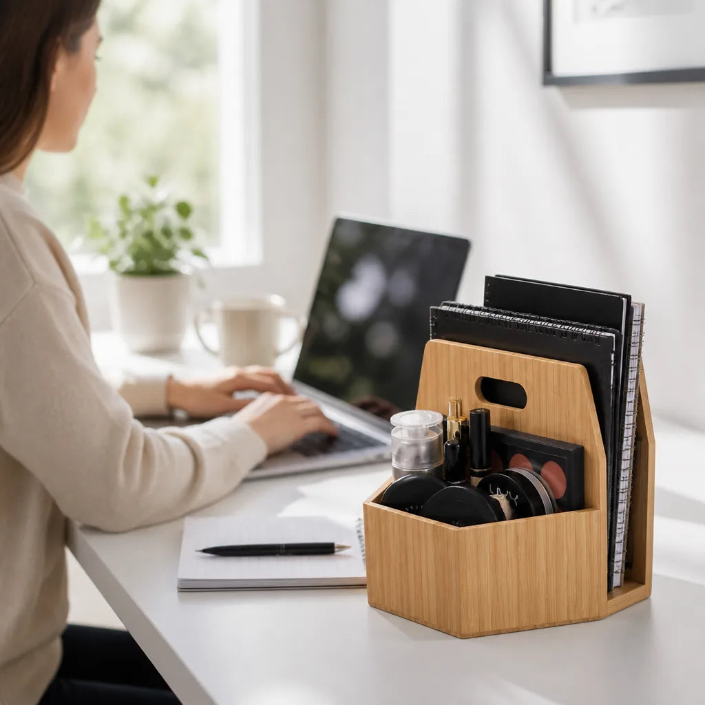 Desk Organizer Bamboo Three Compartments & Built-In Handles