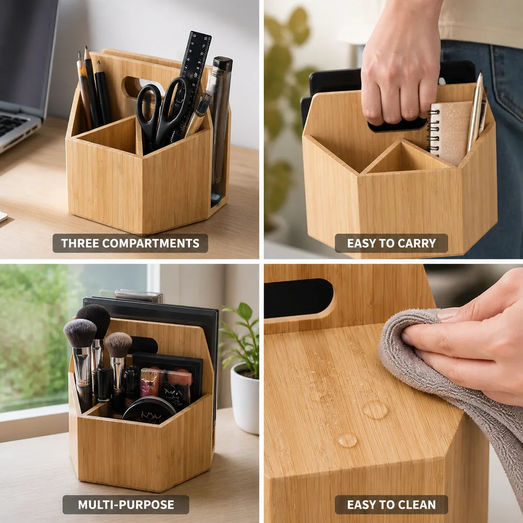 Desk Organizer Bamboo Three Compartments & Built-In Handles