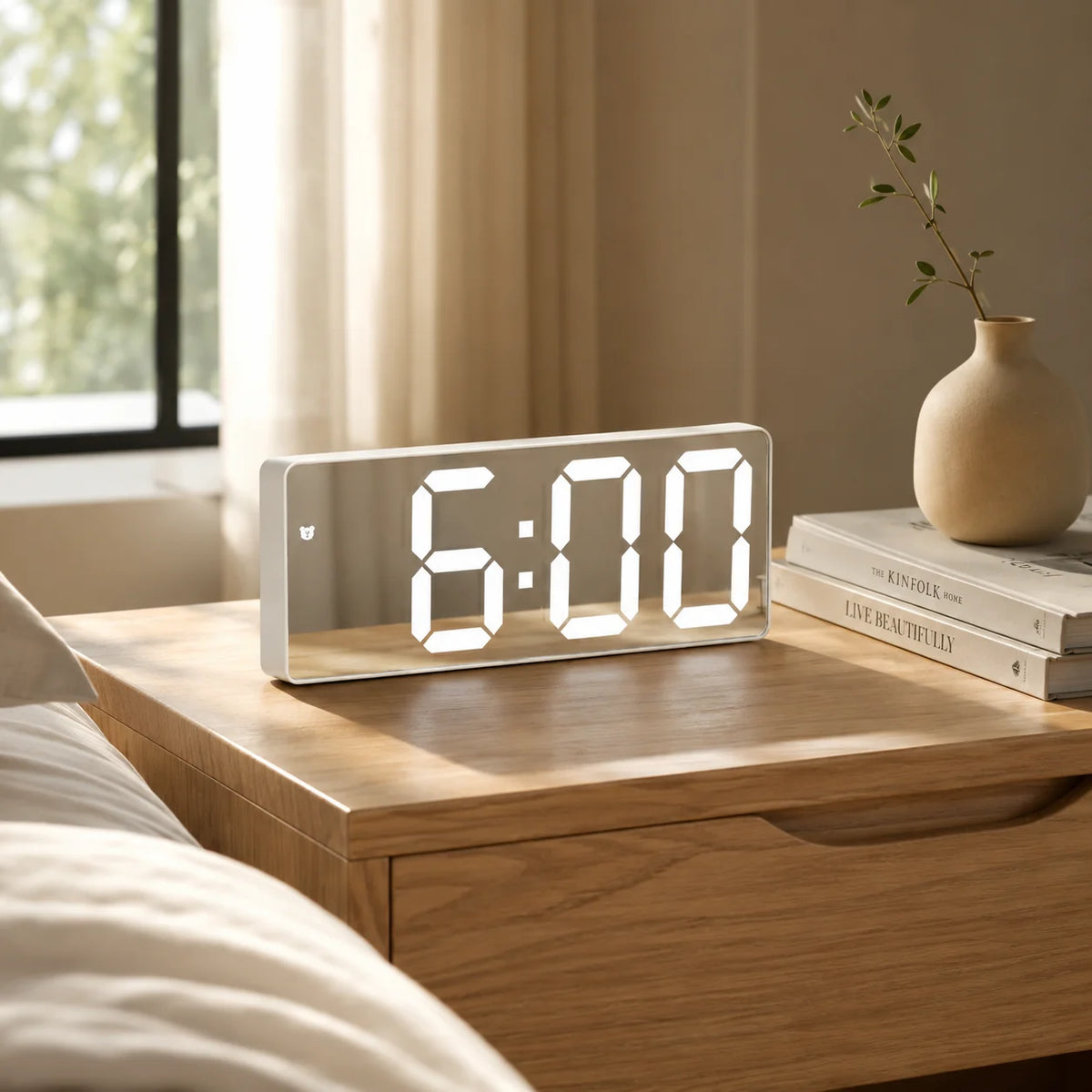 Digital Alarm Clock Mirror-Finish LED Time Date & Temperature