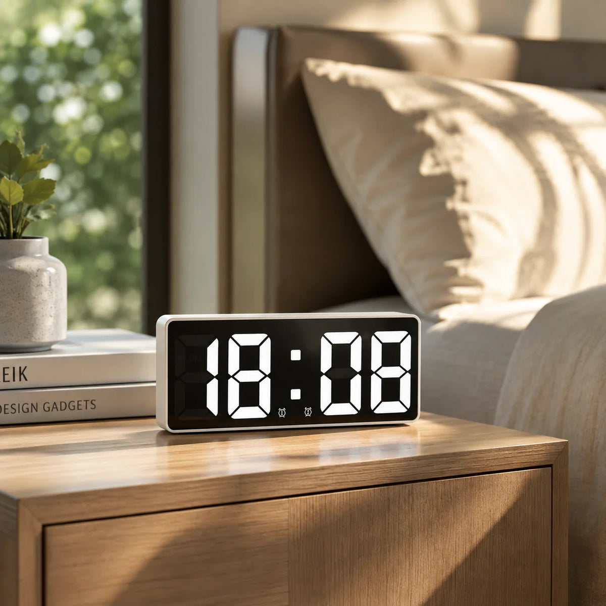Digital Alarm Clock Mirror-Finish LED Time Date & Temperature