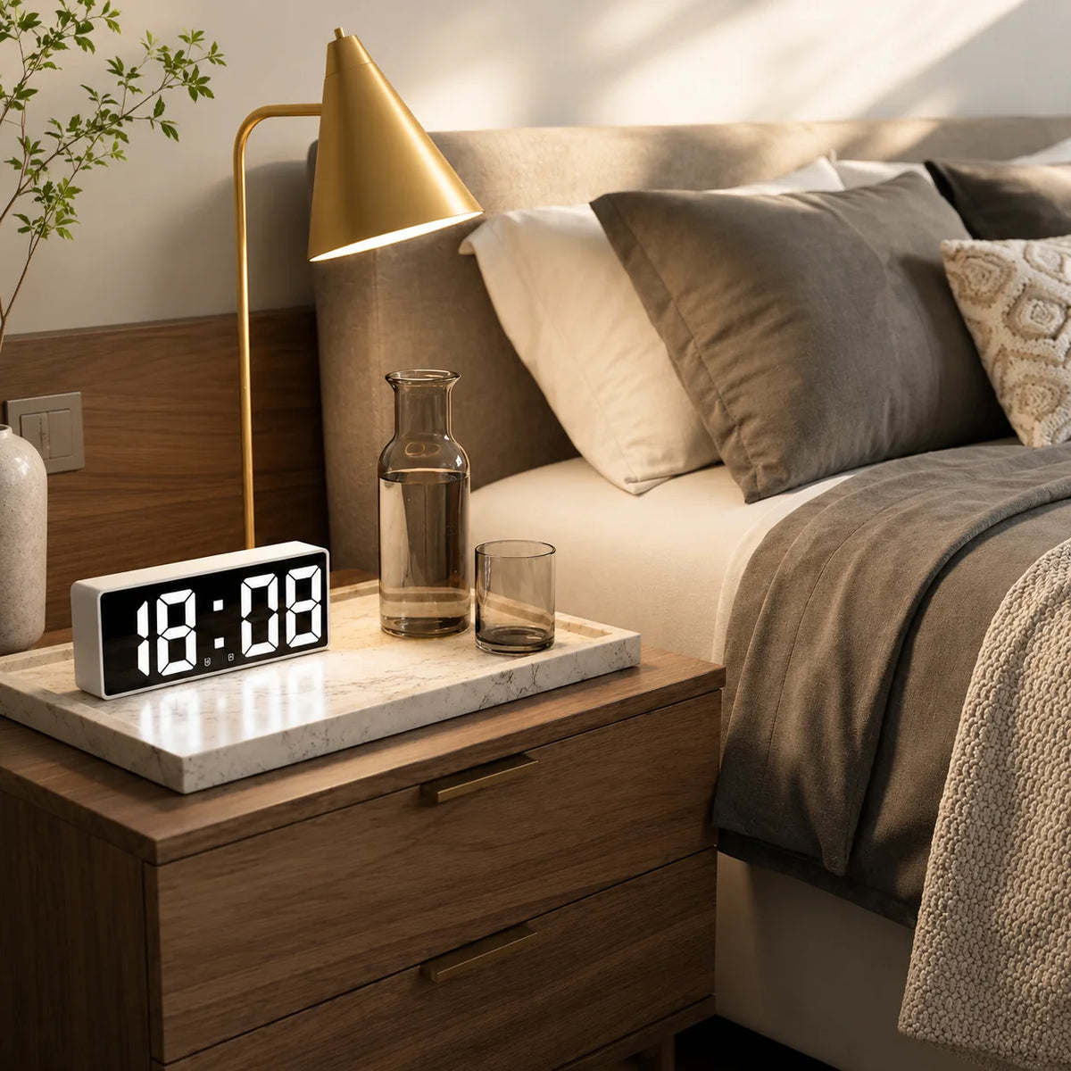Digital Alarm Clock Mirror-Finish LED Time Date & Temperature