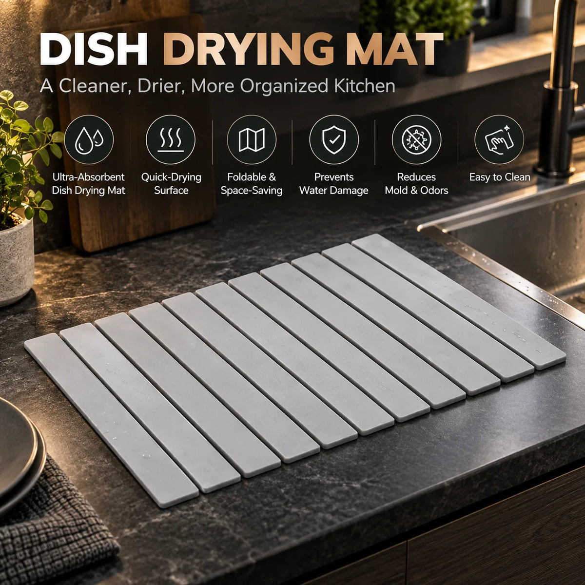Dish Drying Mat Diatomaceous Earth Quick Dry Non-Slip Backing
