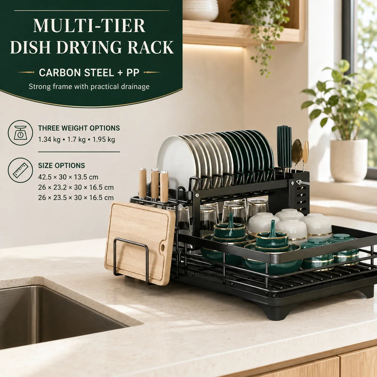Dish Drying Rack Multi-Tier Rust-Resistant Rotating Drain Spout