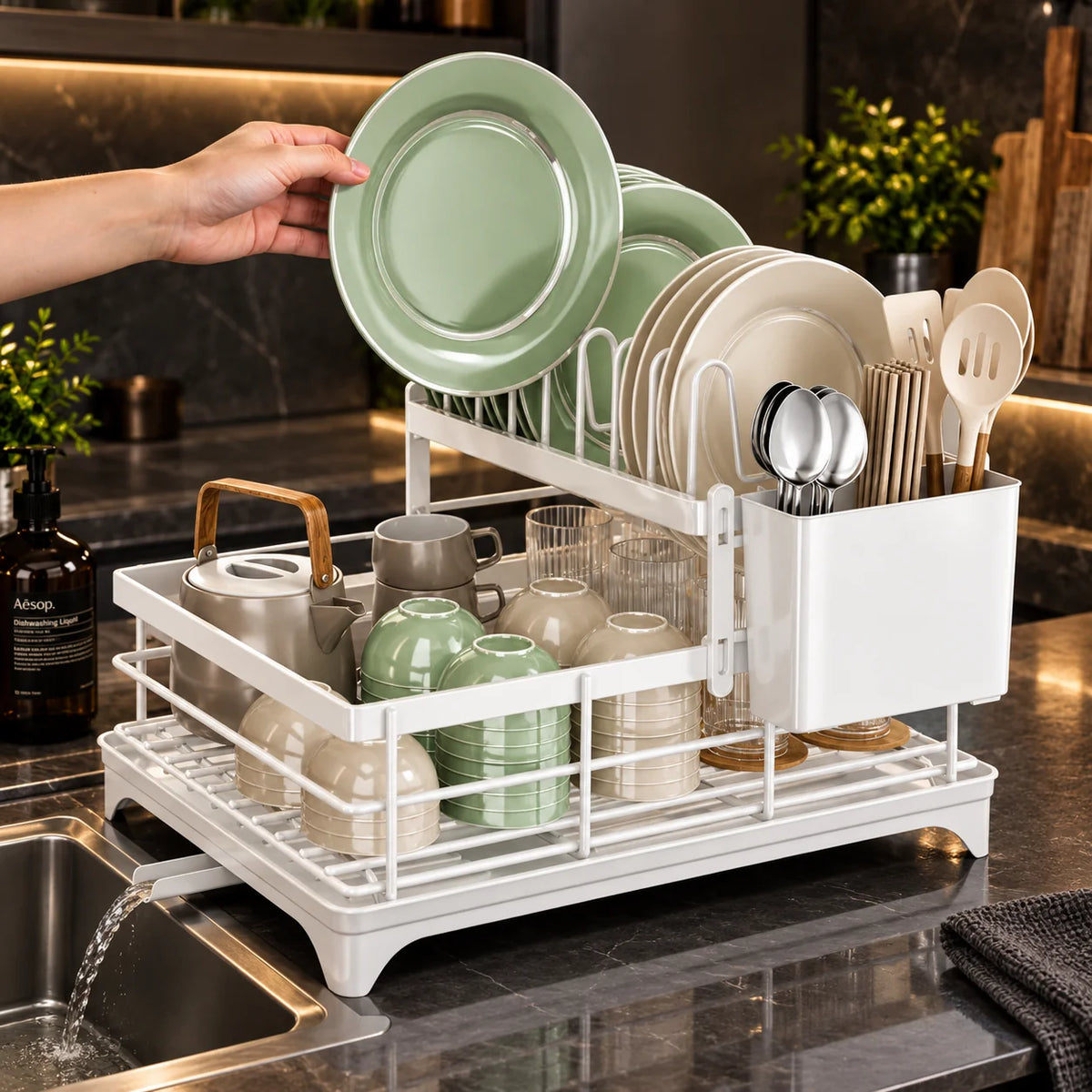 Dish Drying Rack Multi-Tier Rust-Resistant Rotating Drain Spout