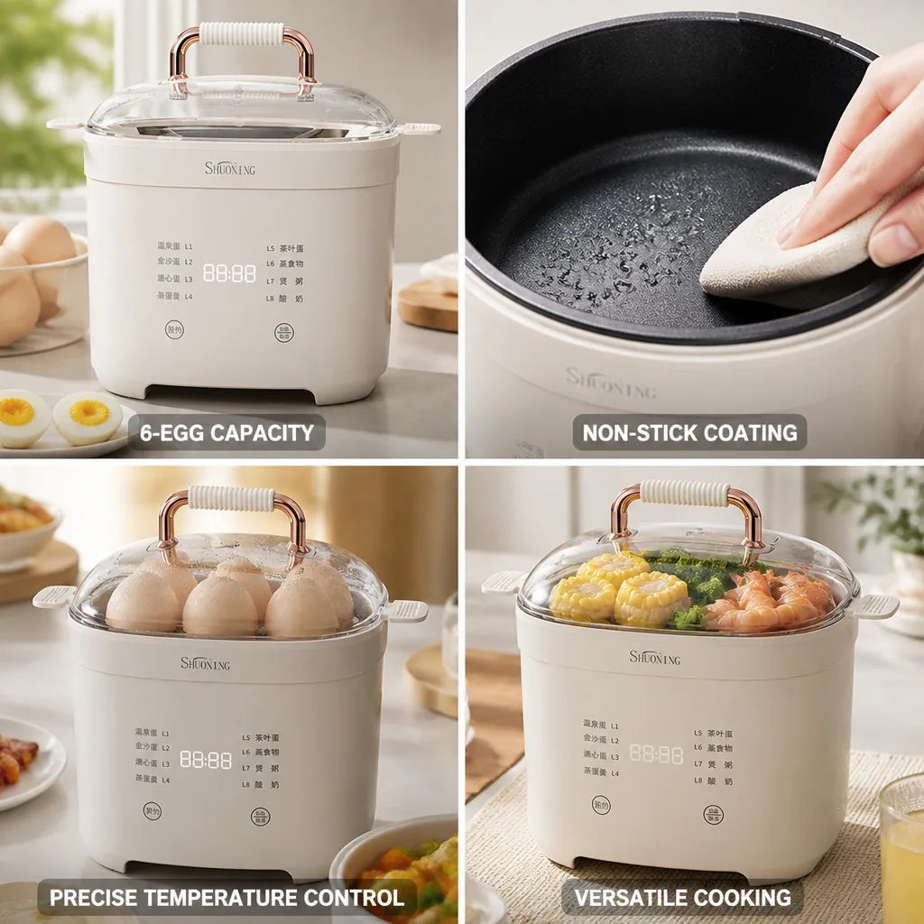 Electric Egg Cooker 6-Egg Non-Stick & Transparent Lid