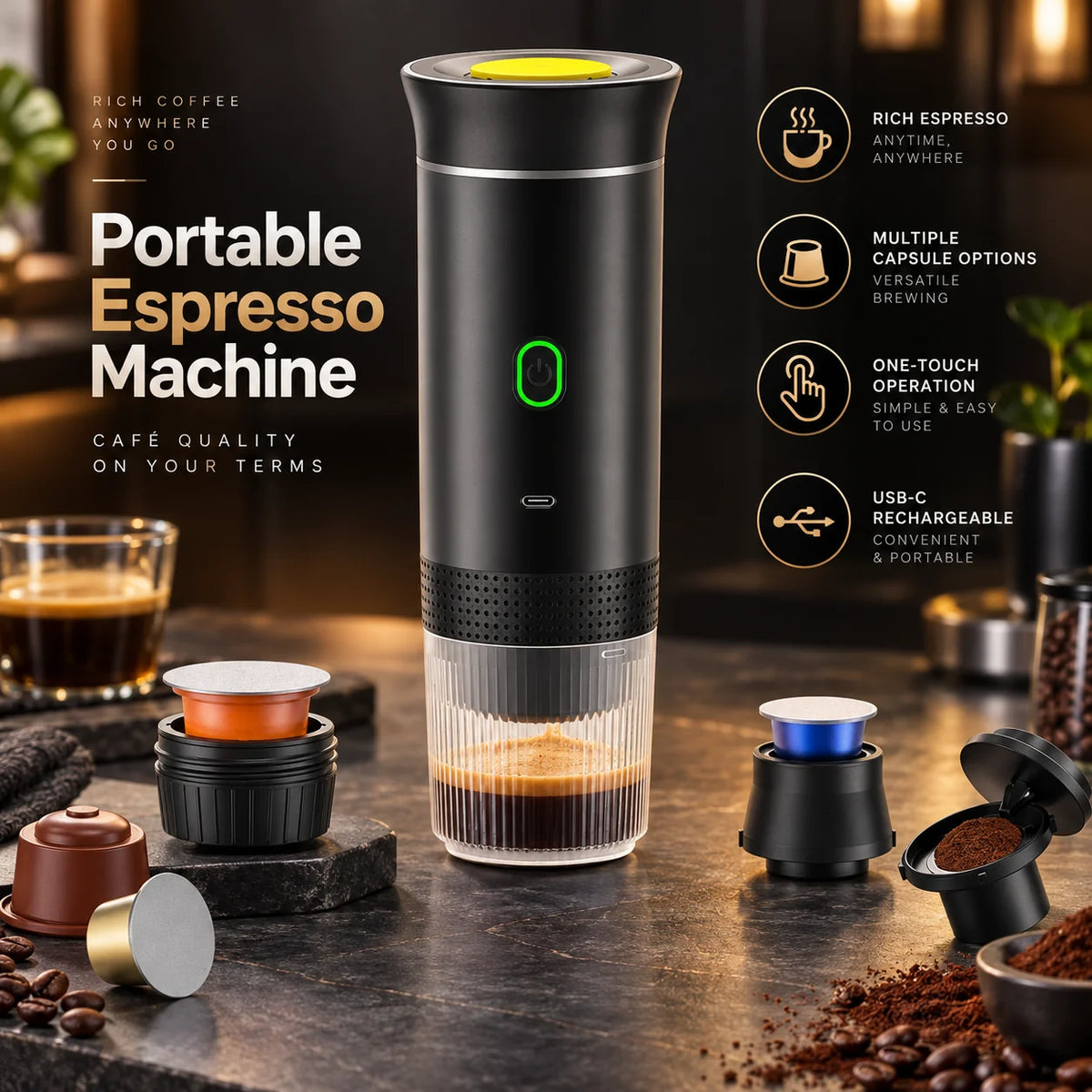 Espresso Maker Compact Car-Powered Ground & Capsule Compatible