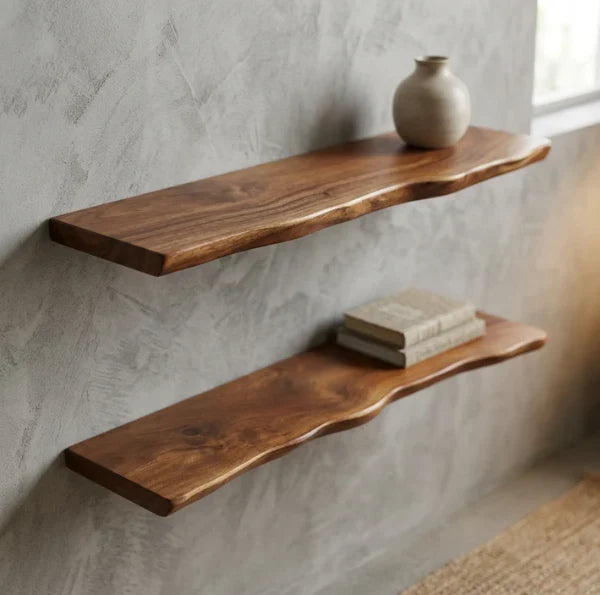 Floating Wall Shelf Live Edge Solid Hardwood Concealed Mount
