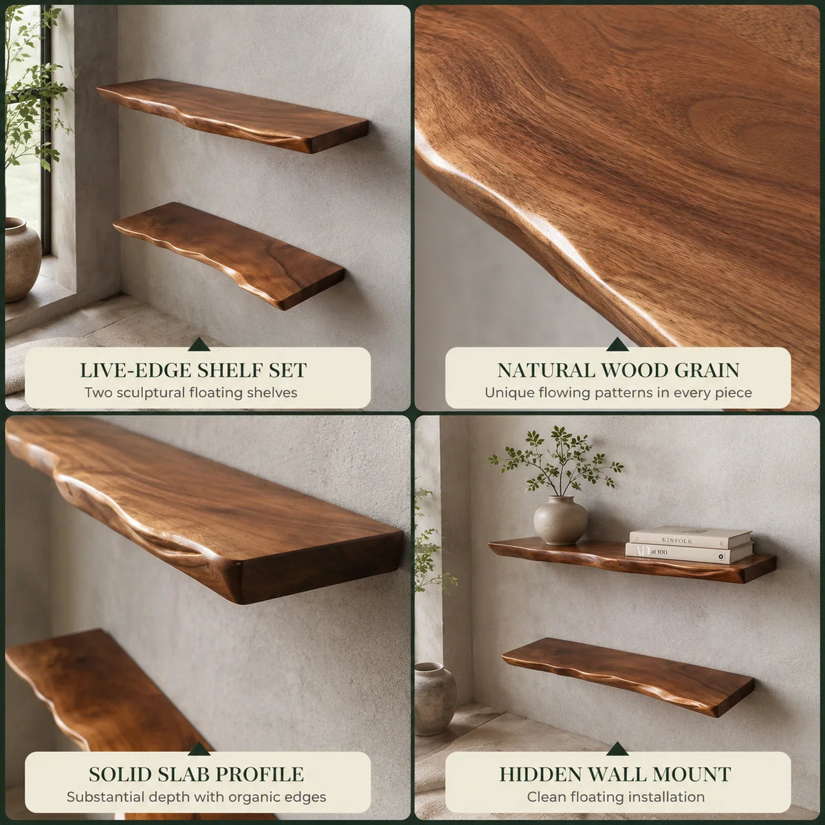 Floating Wall Shelf Live Edge Solid Hardwood Concealed Mount
