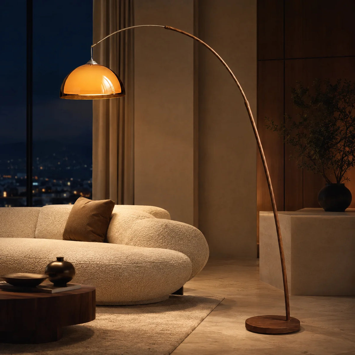 Floor Lamp Amber Acrylic Dome Wood-Tone Metal Base