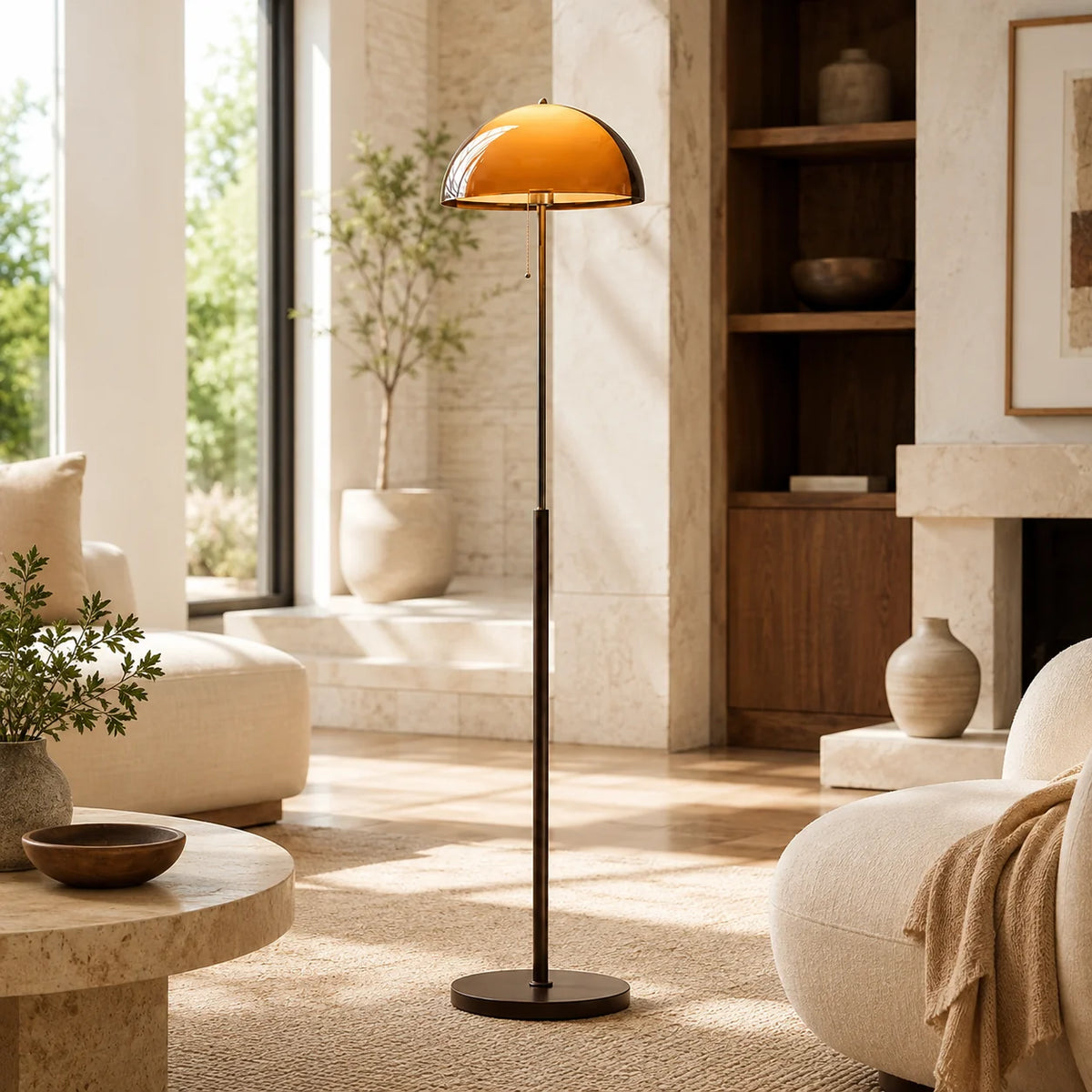 Floor Lamp Amber Acrylic Dome Wood-Tone Metal Base