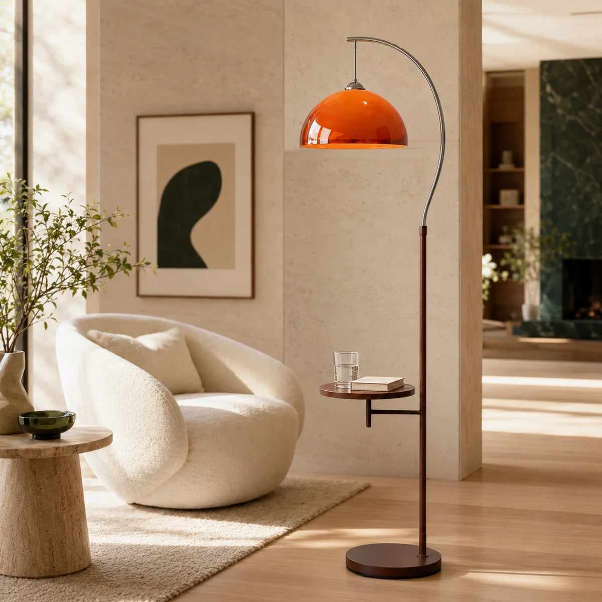 Floor Lamp Amber Acrylic Dome Wood-Tone Metal Base