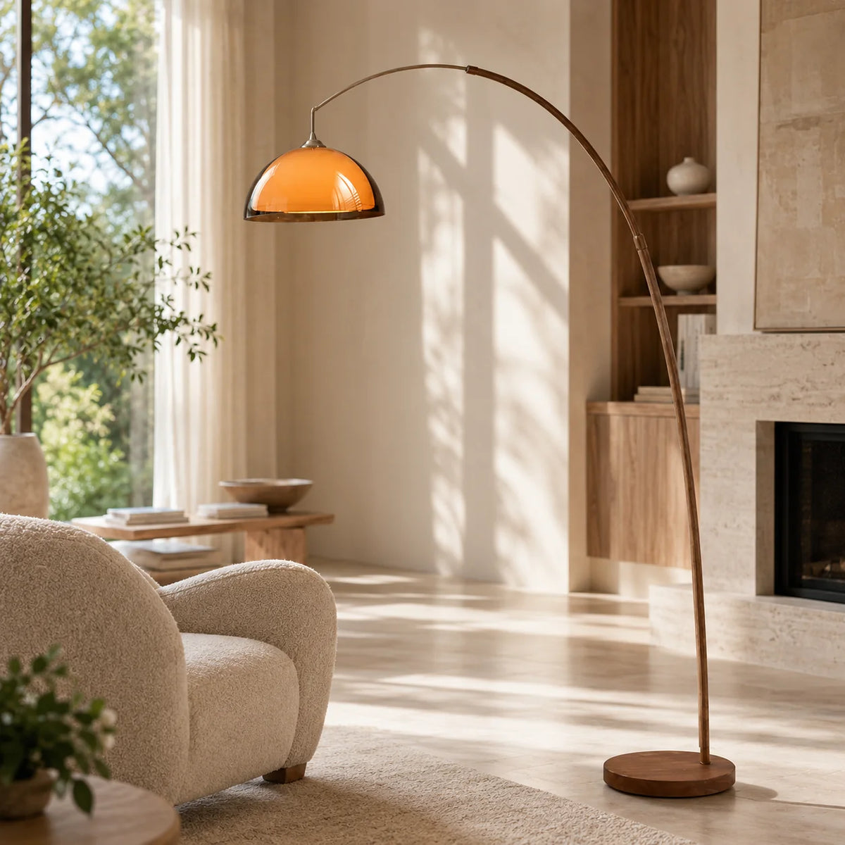 Floor Lamp Amber Acrylic Dome Wood-Tone Metal Base