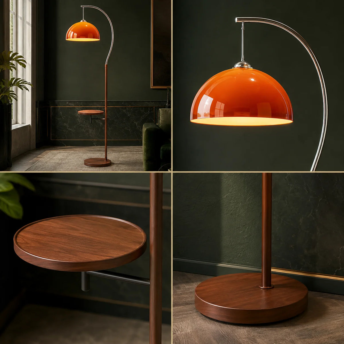 Floor Lamp Amber Acrylic Dome Wood-Tone Metal Base