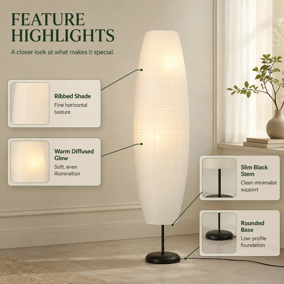 Floor Lamp Paper Shade Slim Column Dual Bulbs