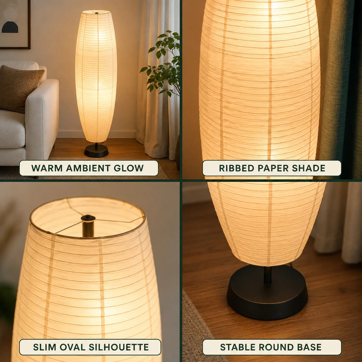 Floor Lamp Paper Shade Slim Column Dual Bulbs