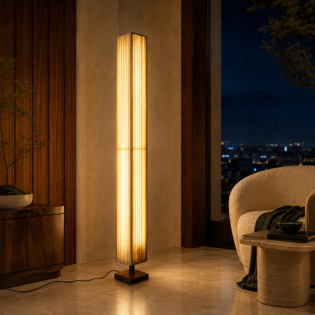 Floor Lamp Walnut Wood Cloth Shade Adjustable Color Temperature