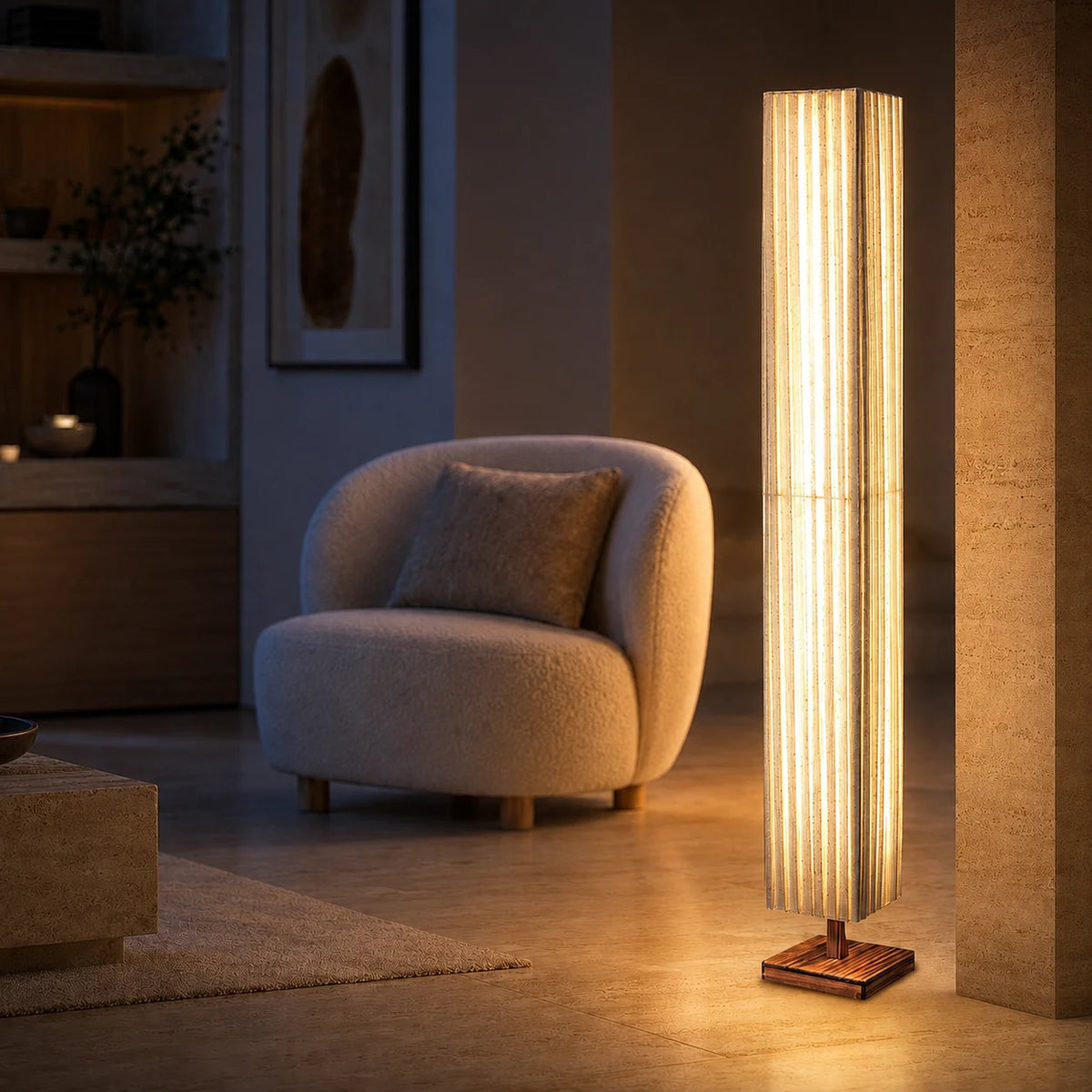 Floor Lamp Walnut Wood Cloth Shade Adjustable Color Temperature