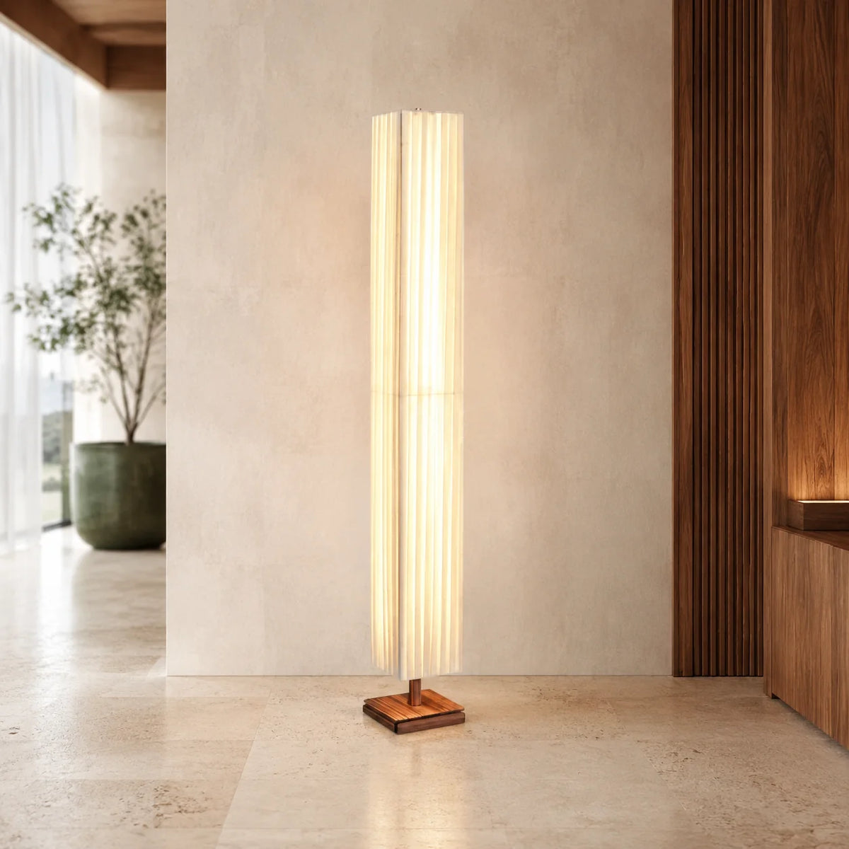 Floor Lamp Walnut Wood Cloth Shade Adjustable Color Temperature