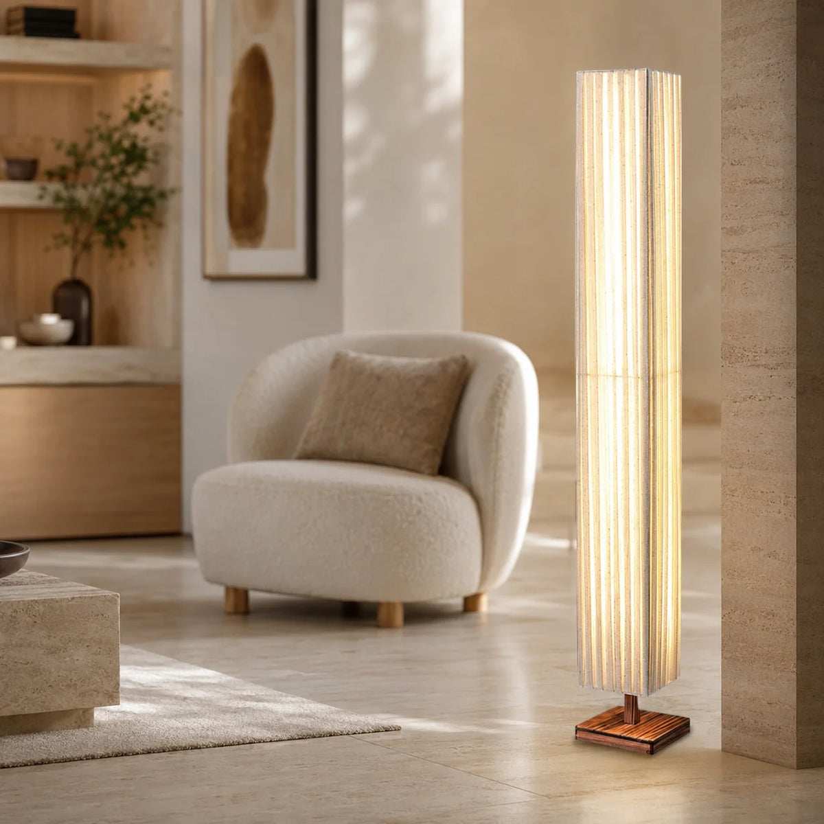 Floor Lamp Walnut Wood Cloth Shade Adjustable Color Temperature