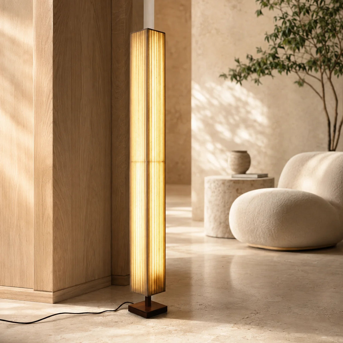 Floor Lamp Walnut Wood Cloth Shade Adjustable Color Temperature