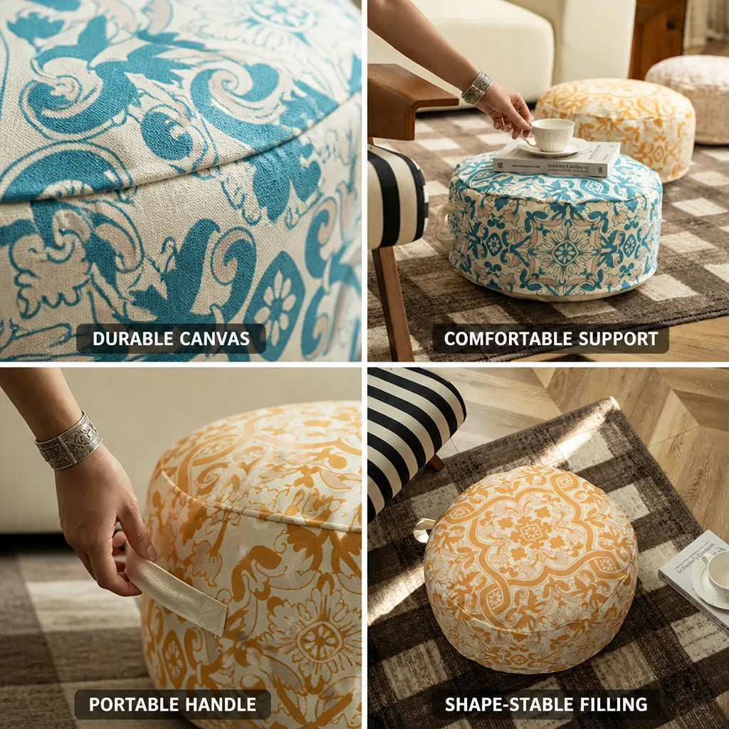 Floor Pouf Patterned Canvas Shape-Stable Filling & Carry Handle