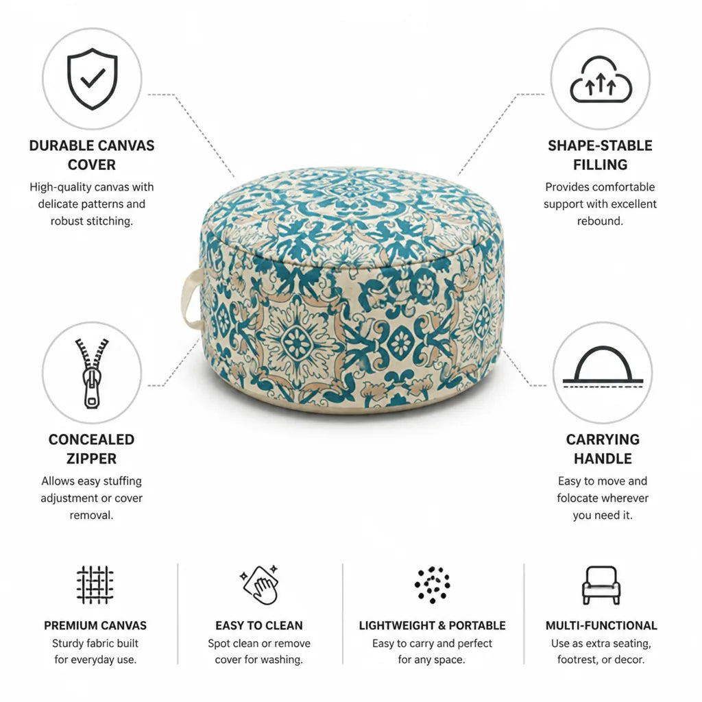 Floor Pouf Patterned Canvas Shape-Stable Filling & Carry Handle
