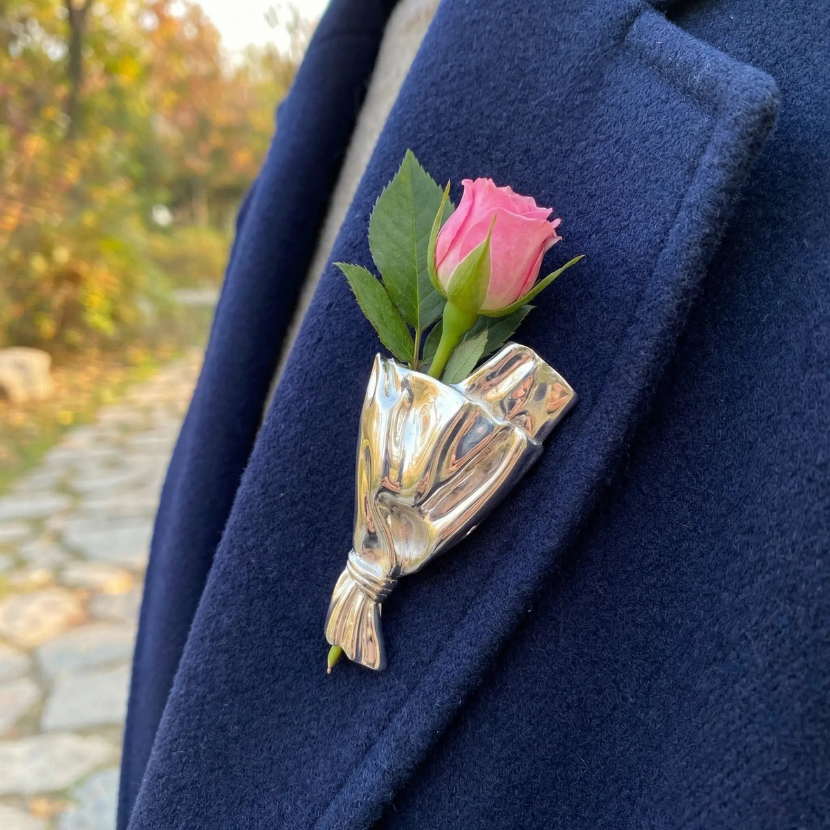Flower Vase Brooch Polished Metal Holds Real Flowers