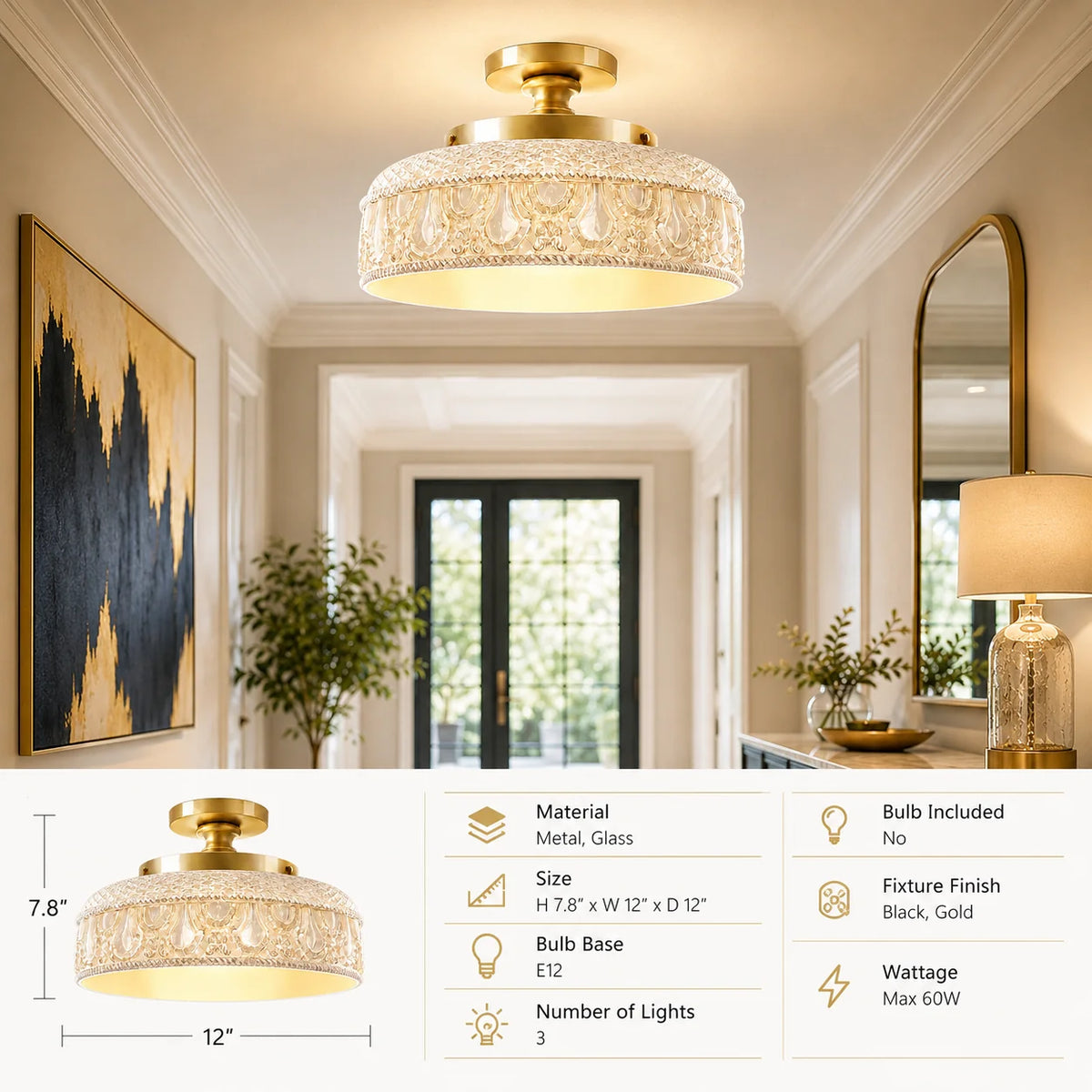 Flush Mount Ceiling Light Textured Glass Disc 3-Light