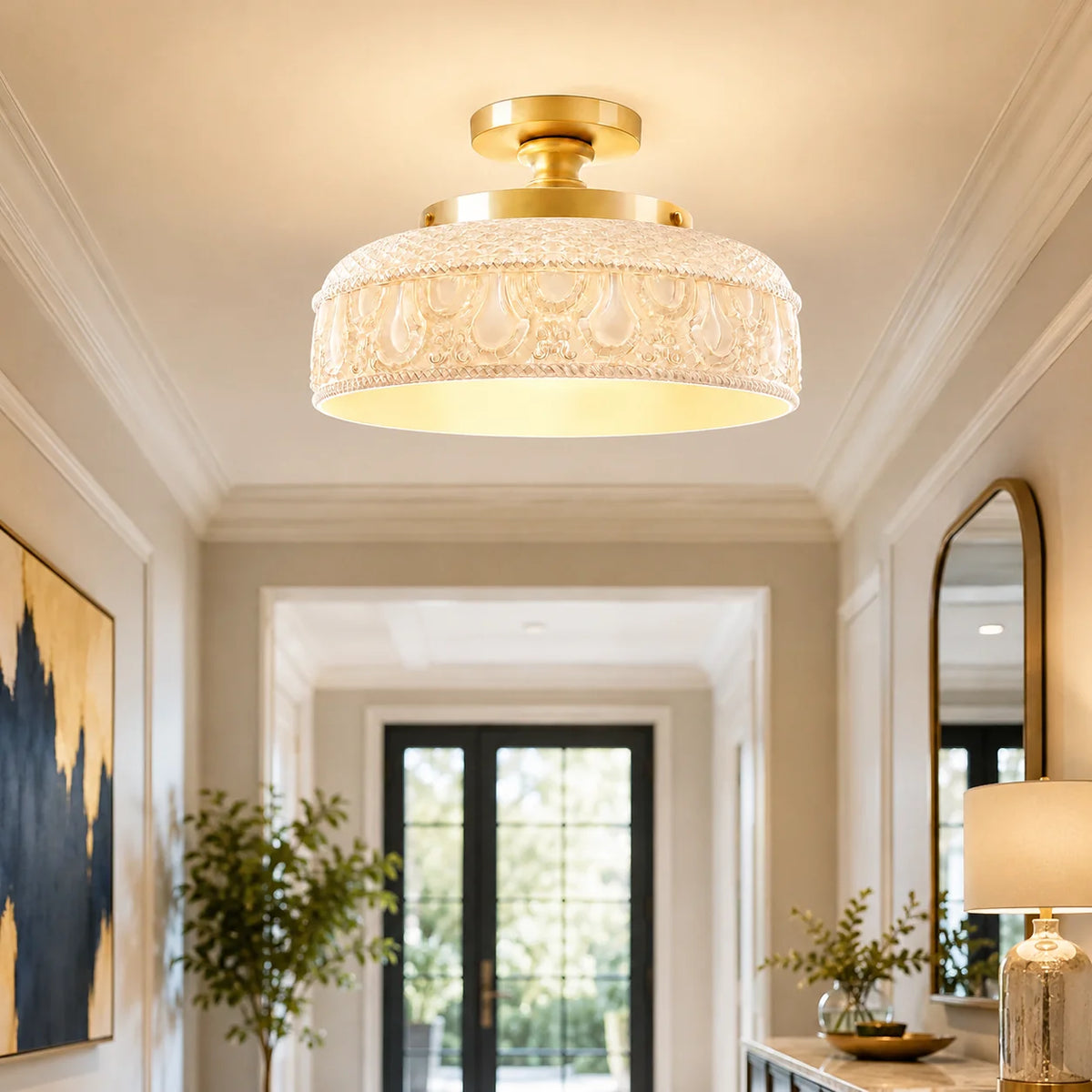Flush Mount Ceiling Light Textured Glass Disc 3-Light