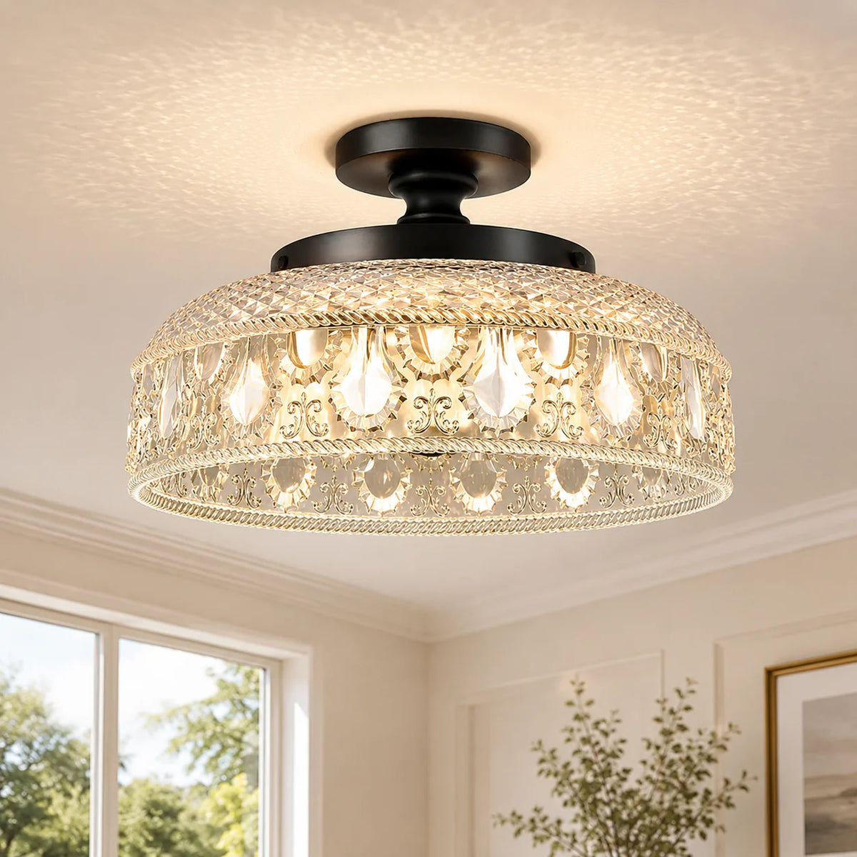 Flush Mount Ceiling Light Textured Glass Disc 3-Light