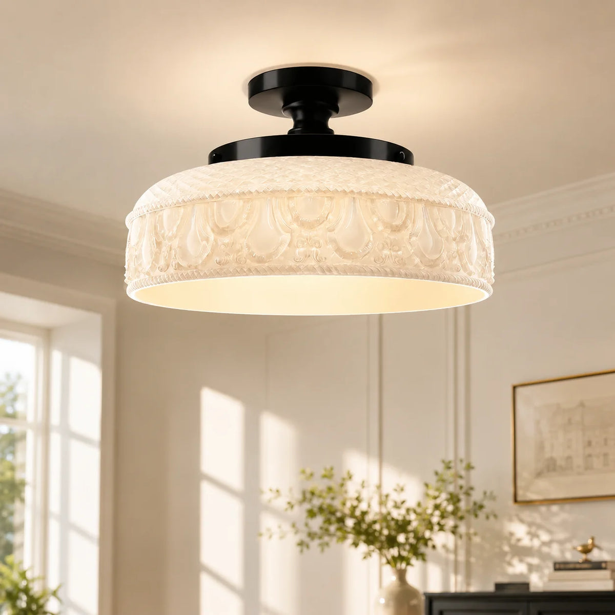 Flush Mount Ceiling Light Textured Glass Disc 3-Light
